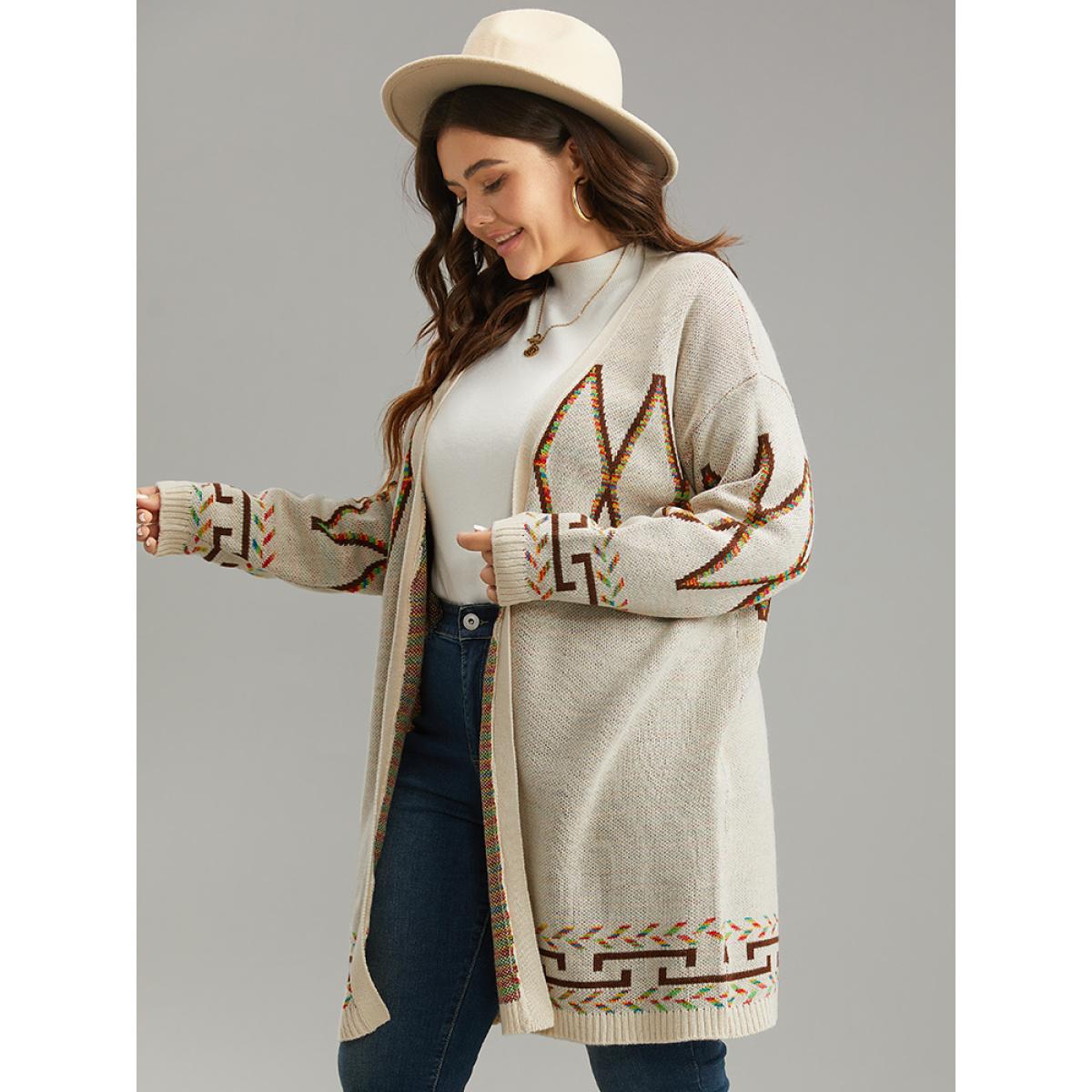 Plus Size Boho Geometric Print Open Front Cardigan Beige Women Casual Loose Long Sleeve Everyday Cardigans BloomChic 10/M Product Image