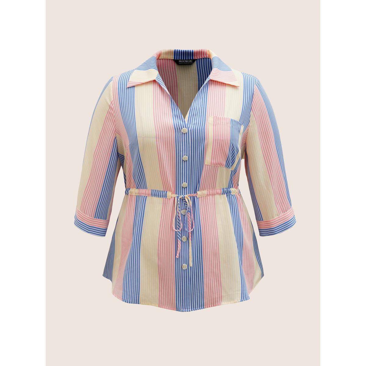 Plus Size Multicolor Contrast Striped Drawstring Patched Pocket Blouse Women Casual Elbow-length sleeve Shirt collar Everyday Blouses BloomChic 12/L Product Image