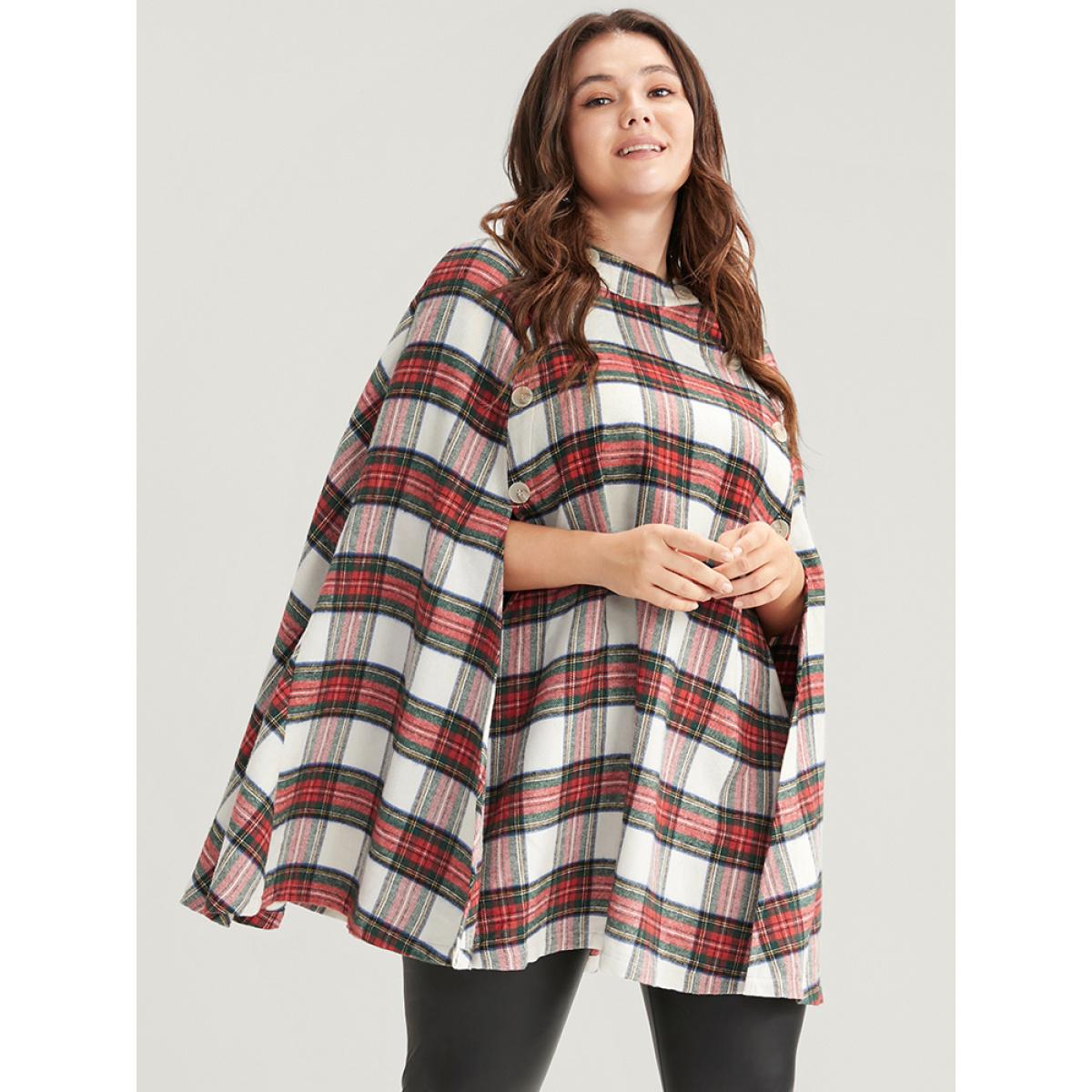 Plus Size Tartan Button Side Cape Coat Without Hat Women Apricot Elegant Button Loose Ladies Dailywear Winter Coats BloomChic 14-16/1X Product Image