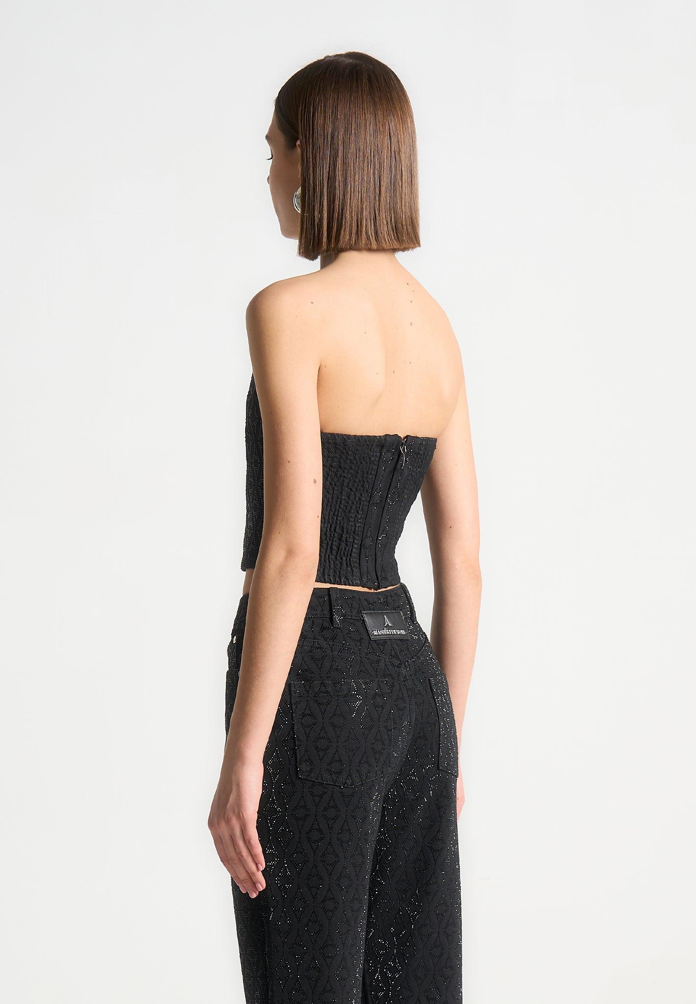 Rhinestone Eiffel Denim Bandeau Corset Top - Black Female Product Image