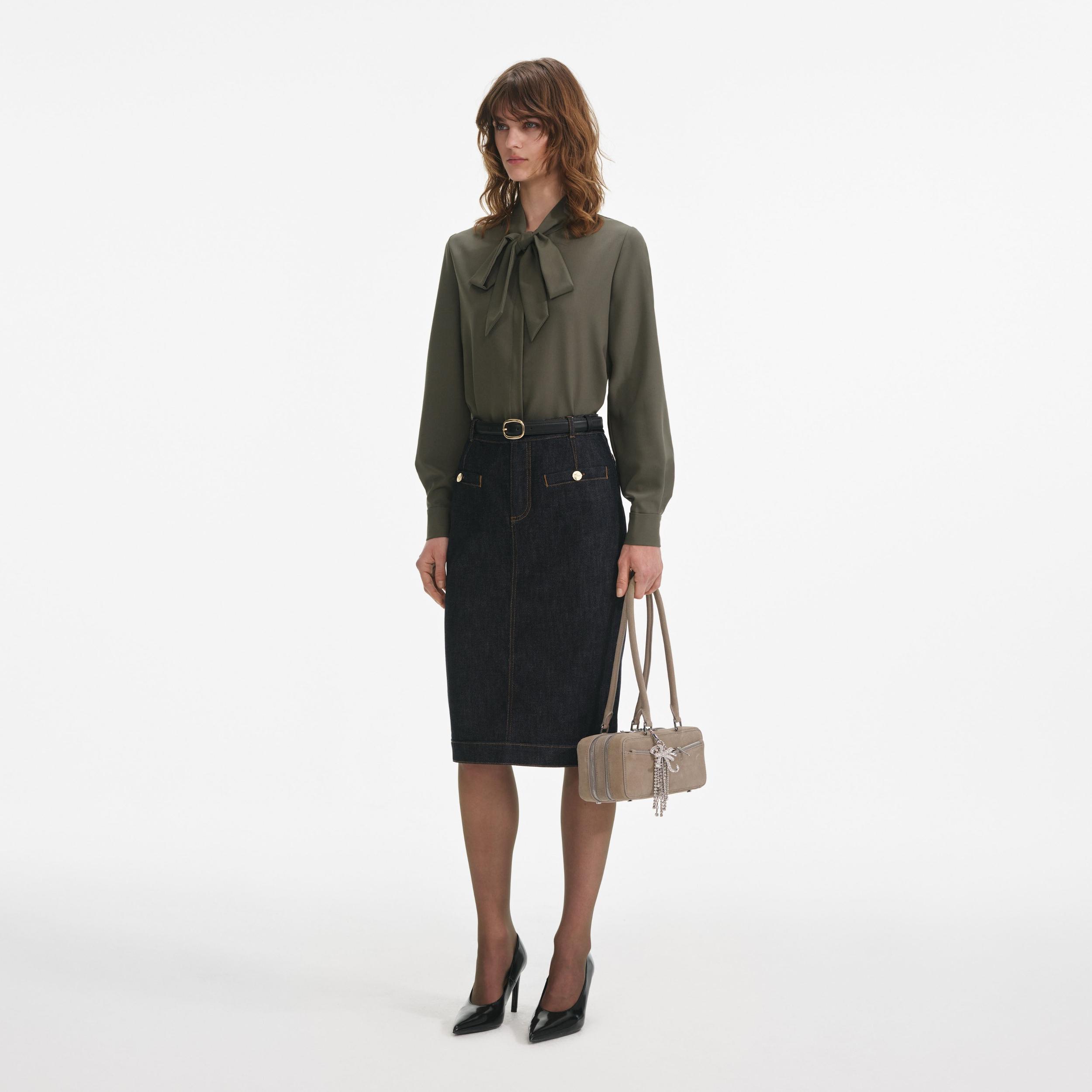 Khaki Twill Pussy Bow Blouse Product Image