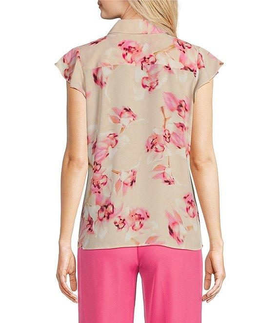 Calvin Klein Floral Flutter Sleeve Collared Ruffle Button Front Blouse Product Image