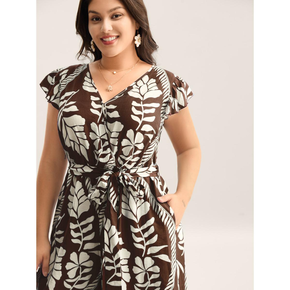 Plus Size DarkBrown Large Floral Print Pockets Jumpsuit Women Cap Sleeve Overlap Collar Vacation Loose Jumpsuits BloomChic 18-20/2X Product Image