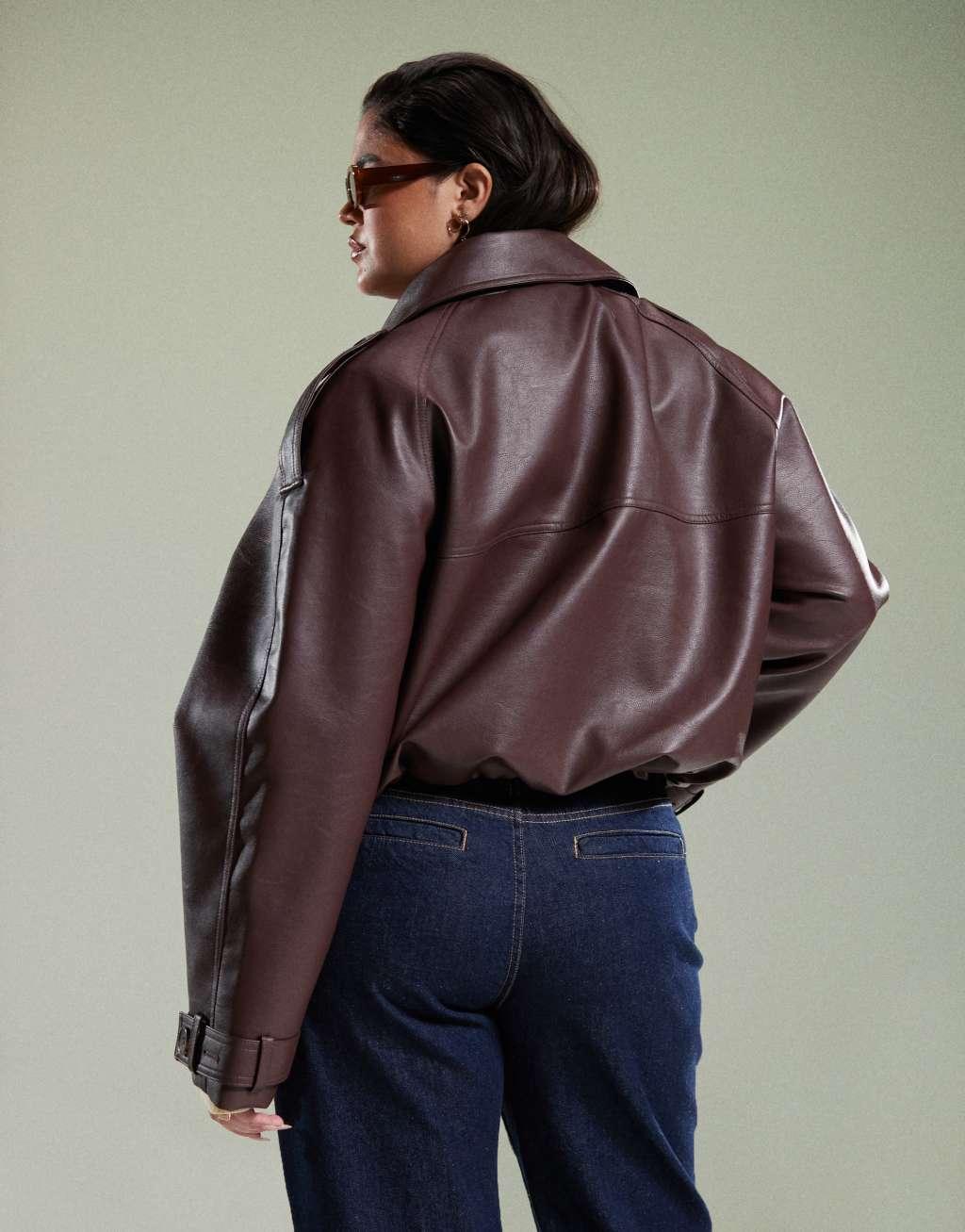 ASOS DESIGN Curve leather look bomber trench coat in chocolate Product Image