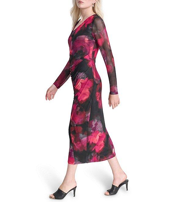DKNY by Donna Karan Printed Knit Asymmetrical Neck Long Sleeves Cinched Sheath Midi Dress Product Image