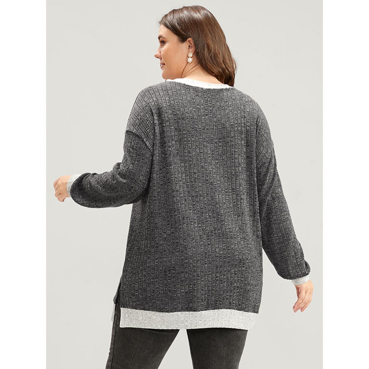 Plus Size Contrast Trim Split Hem Textured V Neck Sweatshirt Women DimGray Casual Patchwork V-neck Dailywear Sweatshirts BloomChic 14-16/1X Product Image