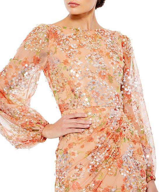 Mac Duggal Floral Print Sequin Boat Neck Long Sleeve Front Slit Gown Product Image