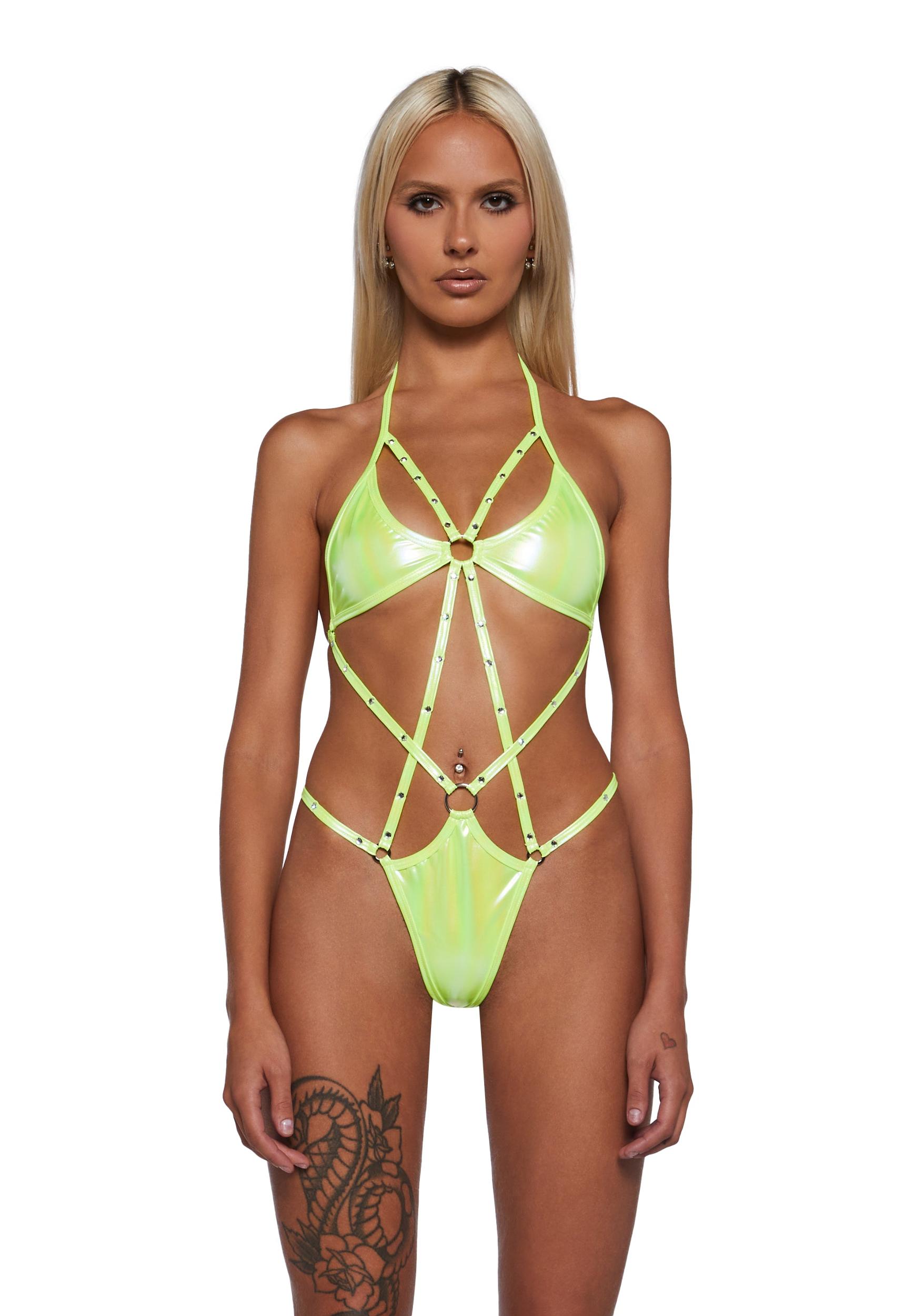 Womens Sexy Strappy Bodysuit With Rhinestone Details - Yellow Product Image