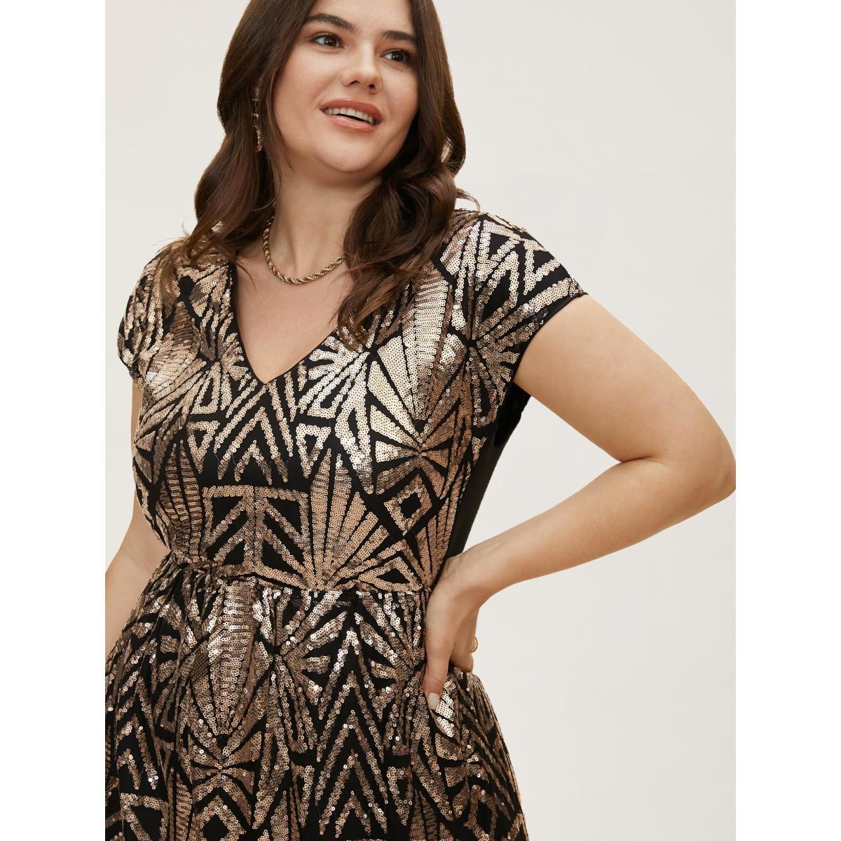Plus Size Geometric Sequin Dolman Sleeve Midi Dress Black Women Cocktail Non V-neck Cap Sleeve Curvy BloomChic 12/L Product Image