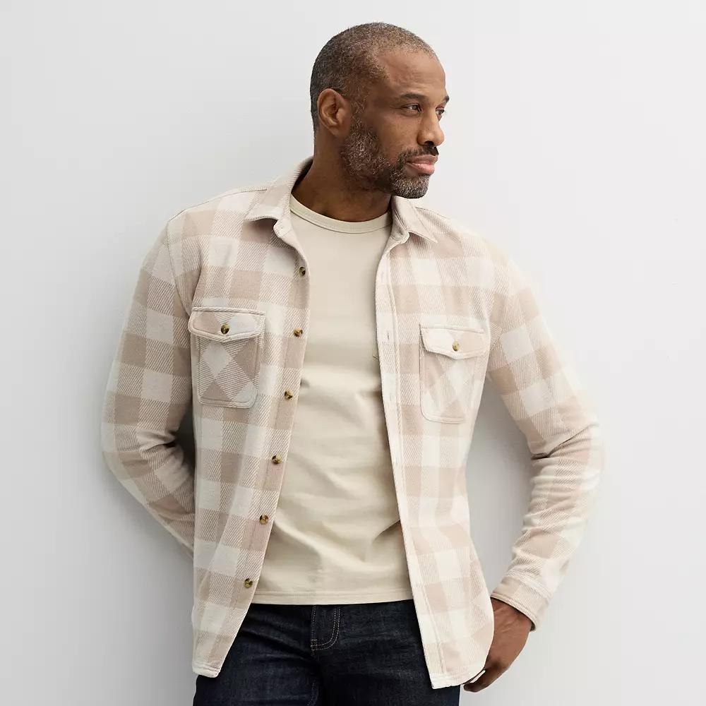Men's Sonoma Goods For Life® Long Sleeve Supersoft Knit Button-Up Shirt, Size: Small, Beige Buffalo Check Product Image