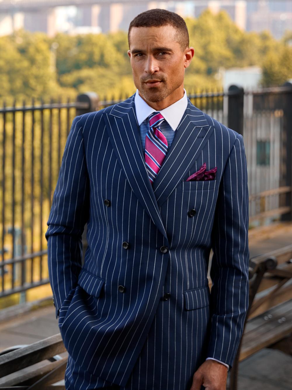 Wool Stretch Stripe Double Breasted Peak Lapel Suit Jacket - Blue Product Image