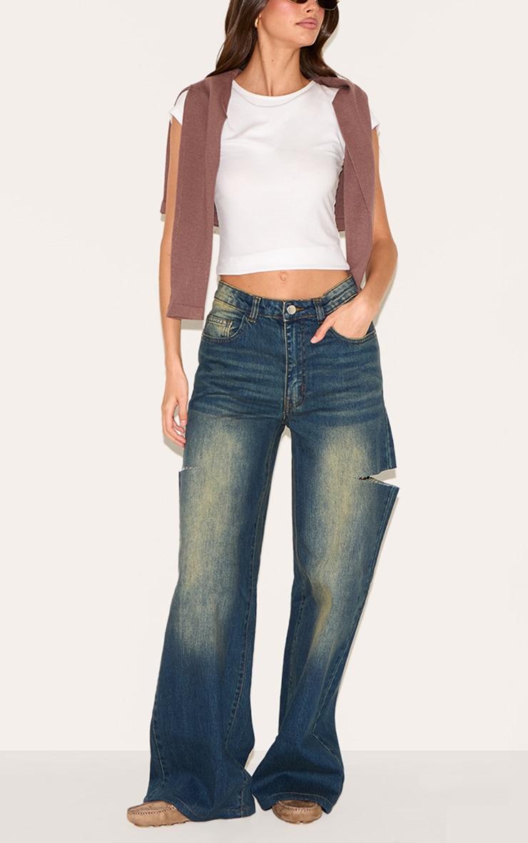 Vintage Wash Thigh Split Detail Wide Leg Jeans Product Image