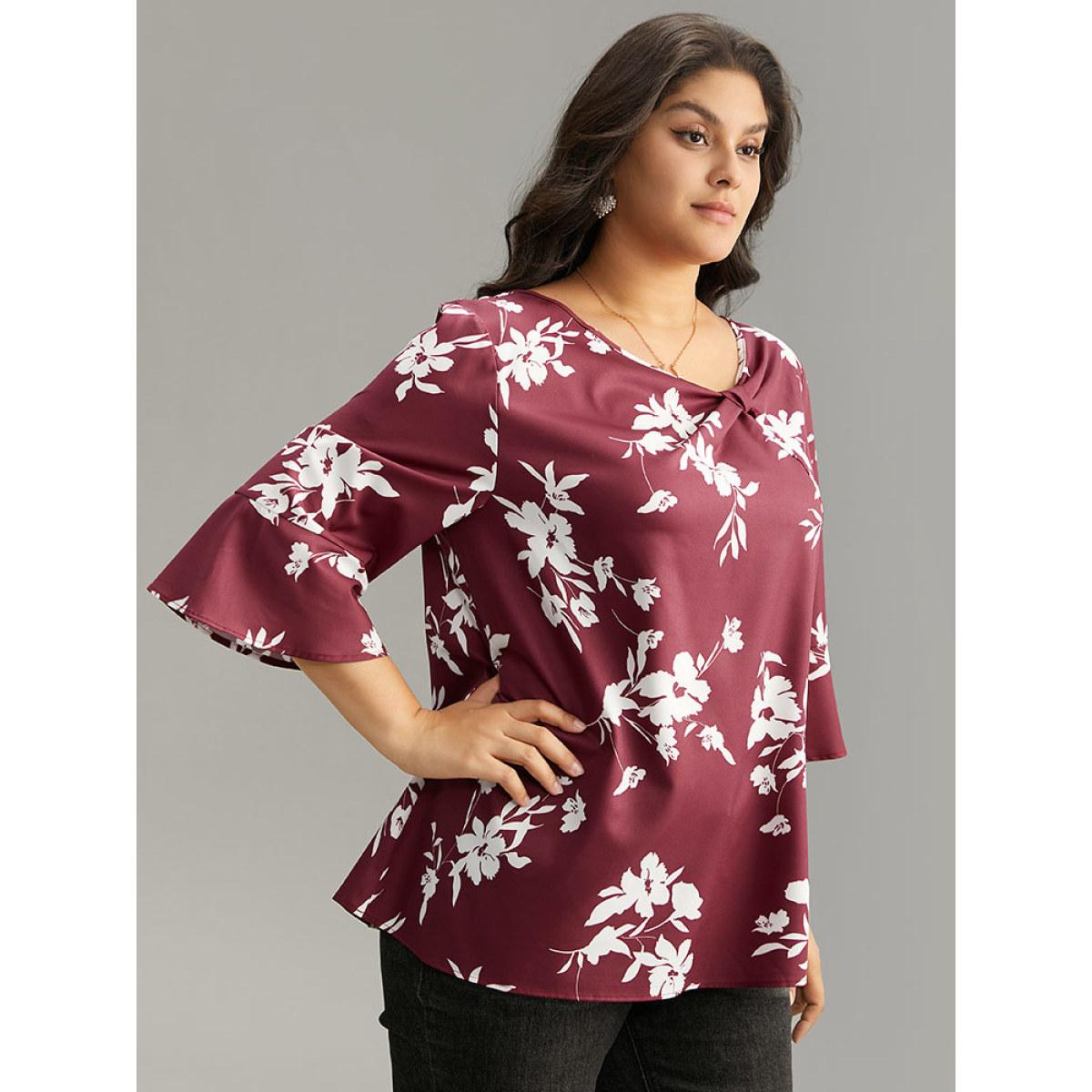 Plus Size Scarlet Silhouette Floral Print Ruffle Sleeve Twist Front Blouse Women Elegant Elbow-length sleeve Round Neck Party Blouses BloomChic 28/5X Product Image