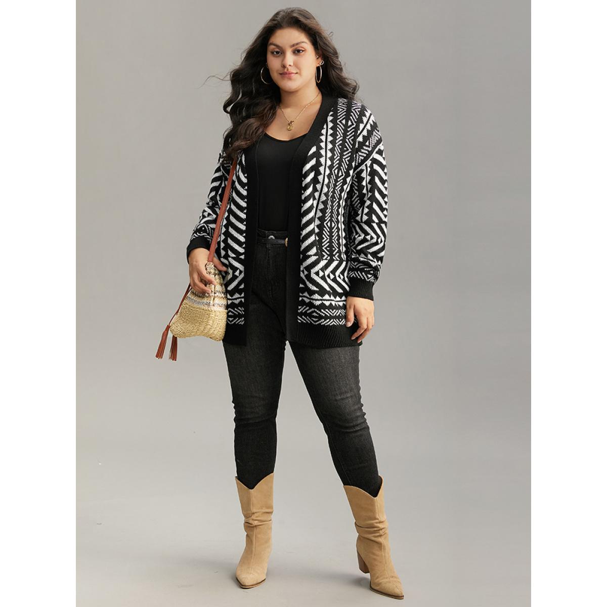 Plus Size Bandana Print Open Front Loose Cardigan Black Women Casual Loose Long Sleeve Dailywear Cardigans BloomChic 26/4X Product Image