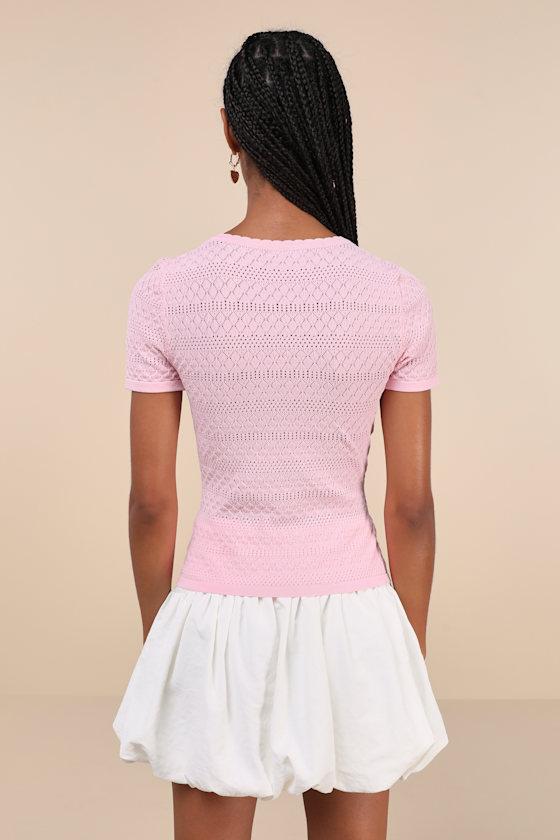 Cutest Example Light Pink Pointelle Knit Short Sleeve Henley Top Product Image