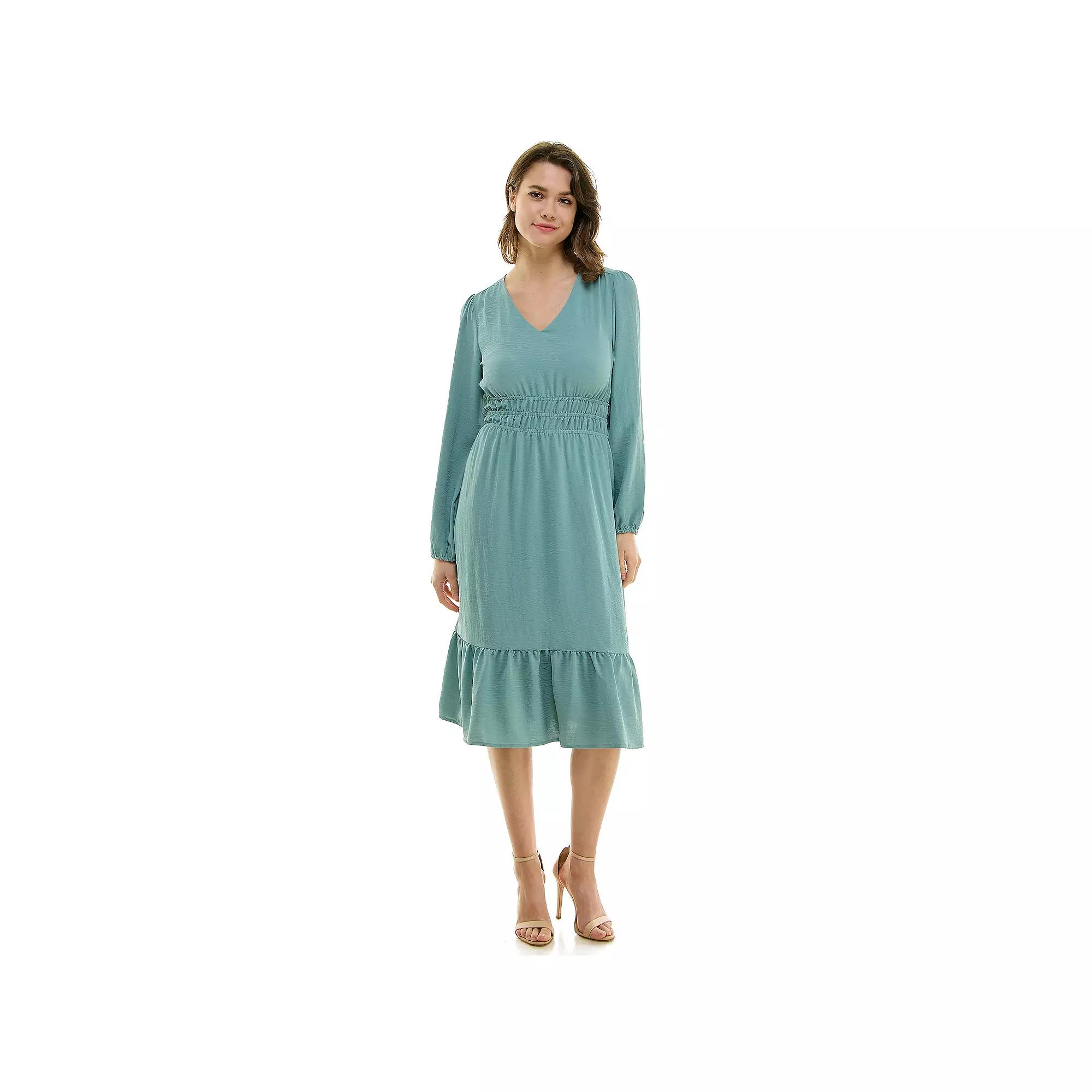 Women's Luxology Smocked Waist V Neck Midi Dress, Size: Medium, Blue Product Image