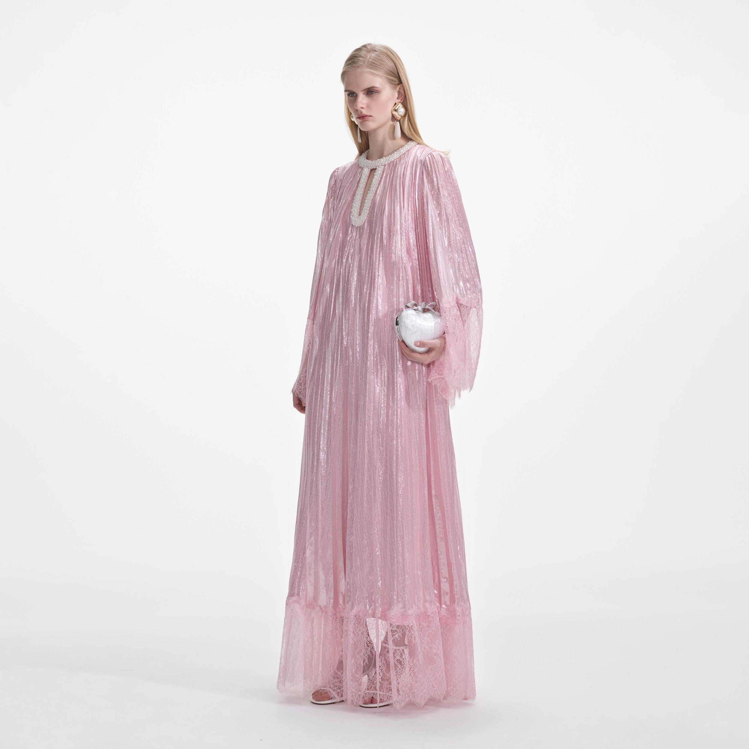 Pink Metallic Pearl Maxi Dress Product Image