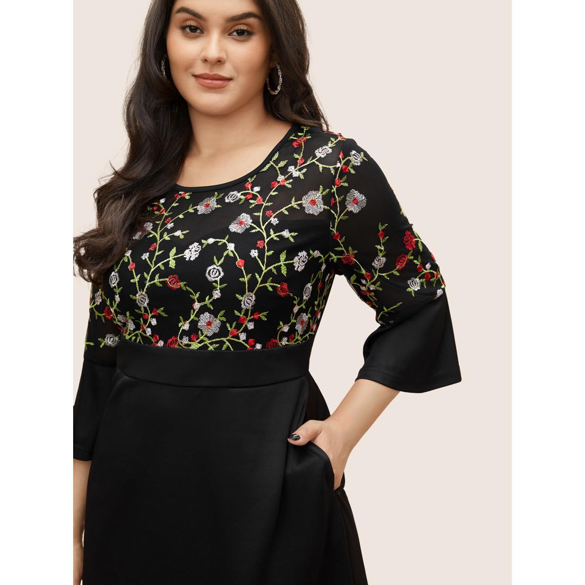 Plus Size Floral Embroidered Pocket Mesh Patchwork Dress Black Women Cocktail Non Round Neck Elbow-length sleeve Curvy Midi Dress BloomChic 26/4X Product Image
