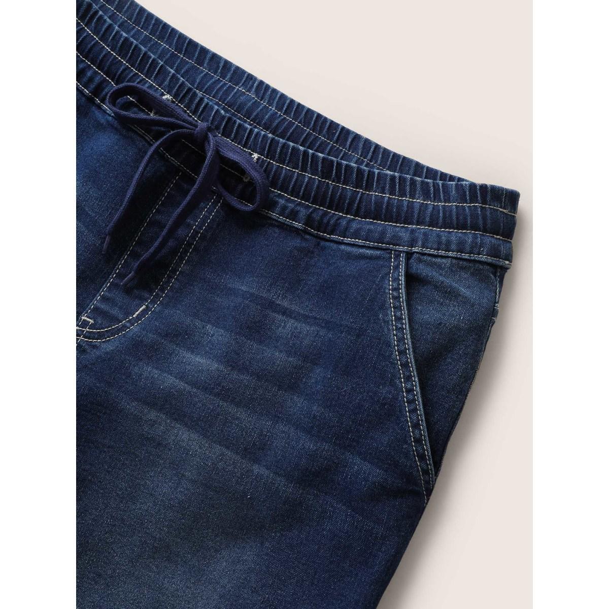 Plus Size Roll Hem Elastic Waist Drawstring Denim Shorts Women Indigo Drawstring High stretch Everyday Slanted pocket Casual Denim Shorts BloomChic 24/3X Product Image
