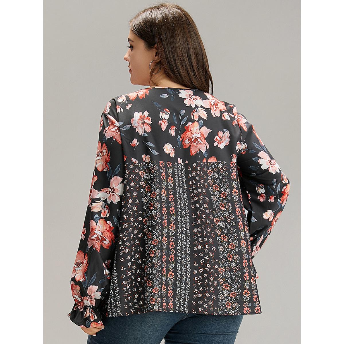 Plus Size BlackFlower Floral Print Flutter Sleeve Patchwork Blouse Women Elegant Long Sleeve V-neck Dailywear Blouses BloomChic 10/M Product Image