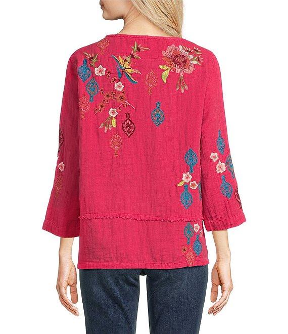 Tru Luxe Jeans Floral Embroidery Boat Neck 3/4 Sleeve Top Product Image