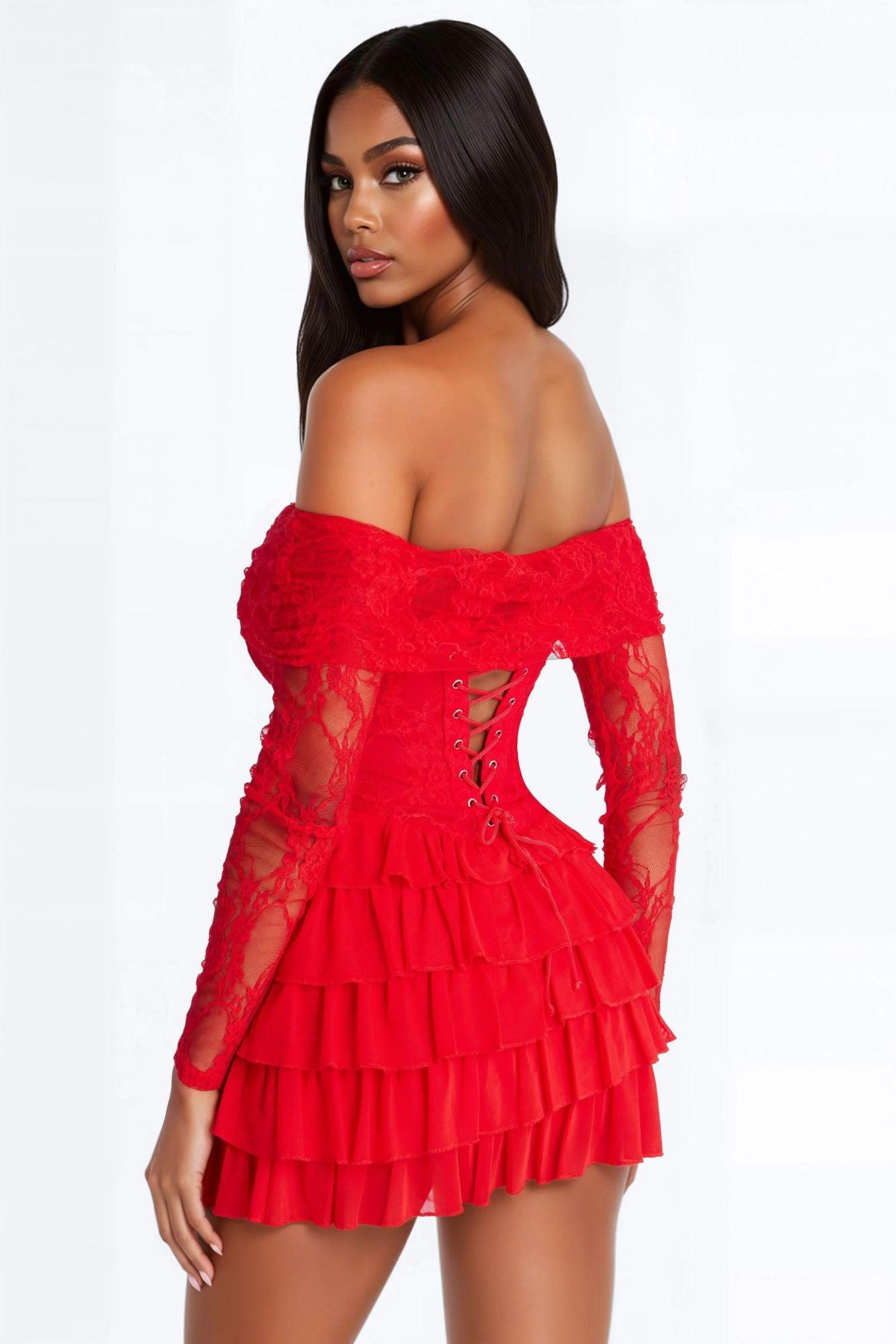 Elsie Ruffle Lace Mini Dress - Red Female Product Image