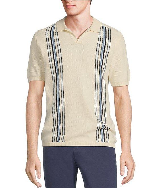 Rowm Short Sleeve Striped Johnny Collar Knit Sweater Shirt Product Image