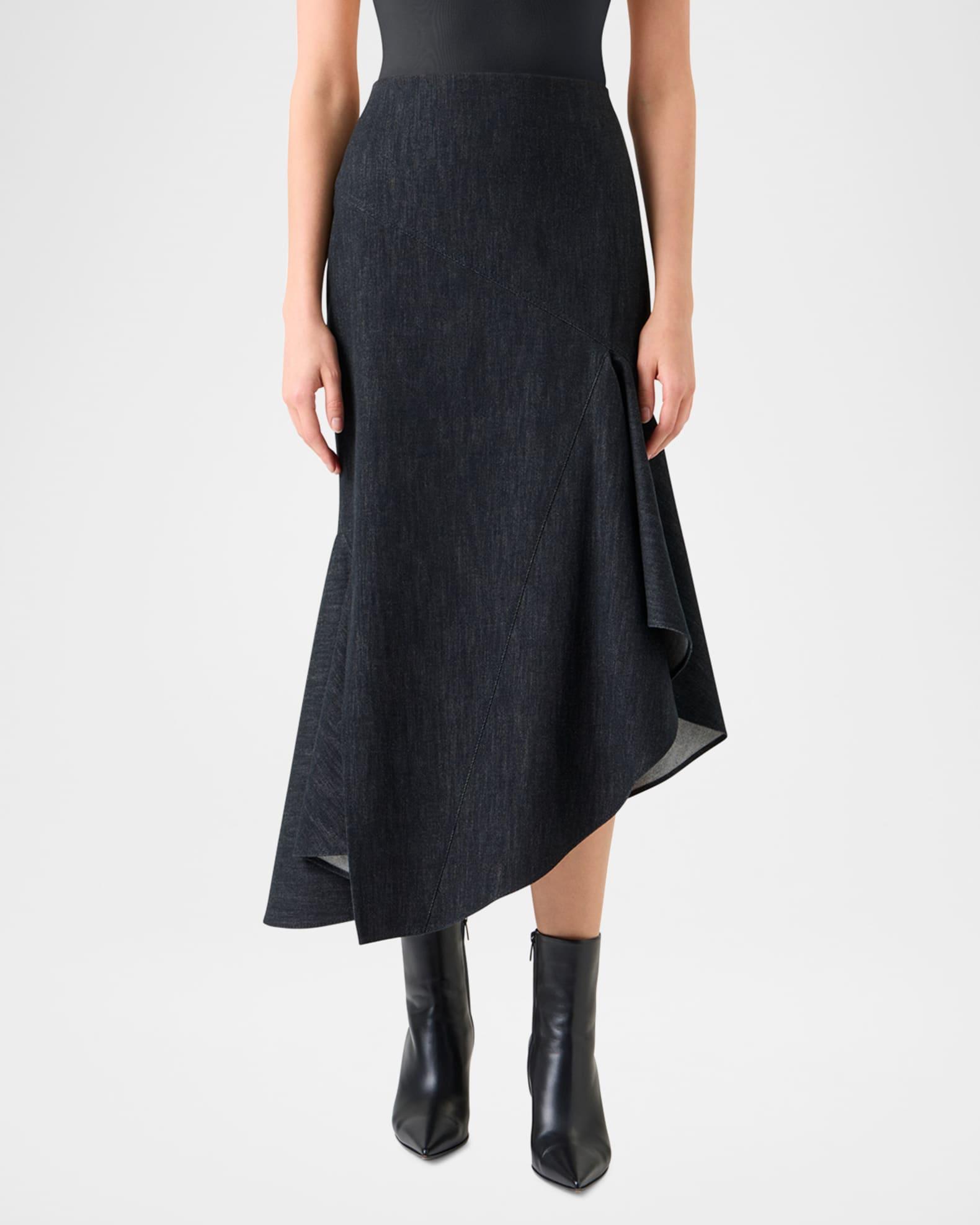 Asymmetric Flared-Hem Stretch Denim Midi Skirt Product Image