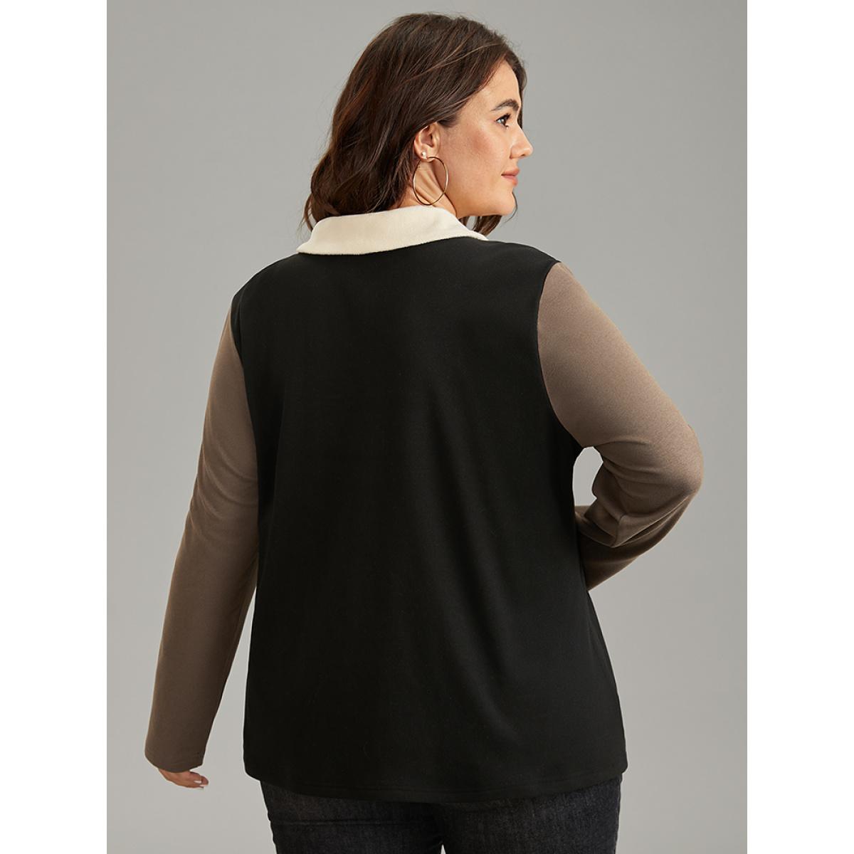 Plus Size Contrast Patchwork Button Up Flap Detail Sweatshirt Women Black Casual Contrast Lapel Collar Dailywear Sweatshirts BloomChic 14-16/1X Product Image