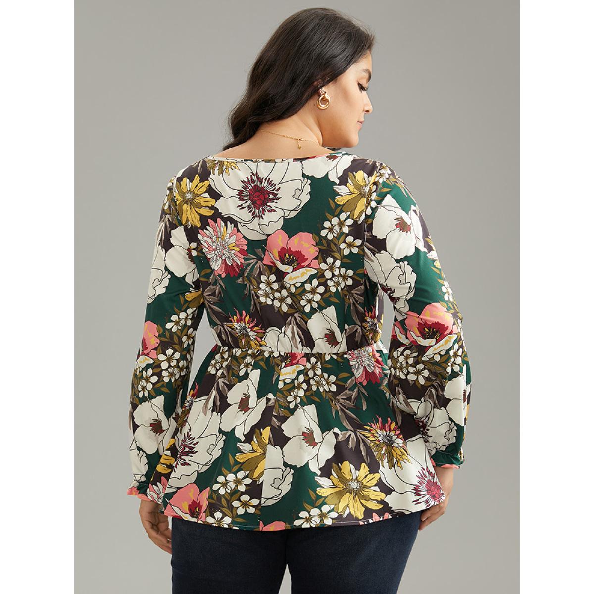 Plus Size DarkGreen Floral Square Neck Gathered Lantern Sleeve Blouse Women Elegant Long Sleeve Square Neck Vacation Blouses BloomChic 26/4X Product Image