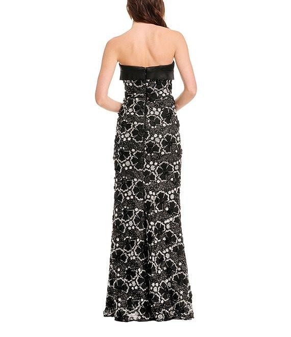 Dress the Population Shay Strapless 3D Floral Applique Straight Neckline Satin Overlay Mermaid Gown Product Image