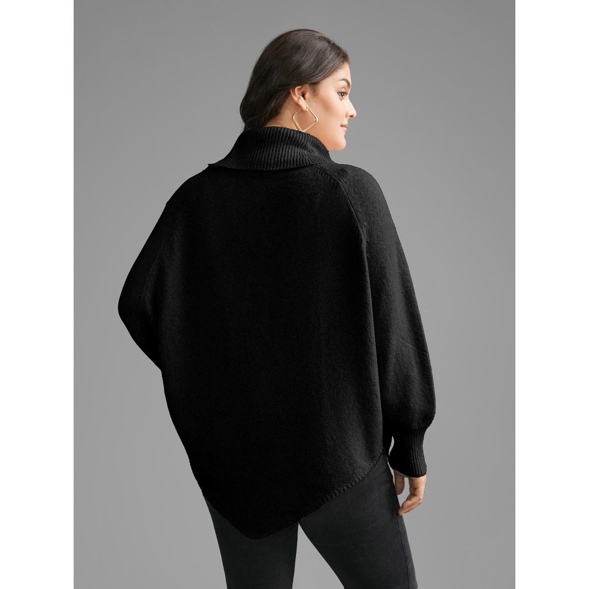 Plus Size Turtleneck Cable Knit Asymmetrical Hem Pullover Black Women Casual Loose Long Sleeve Ruffled collar Everyday Pullovers BloomChic 26/4X Product Image