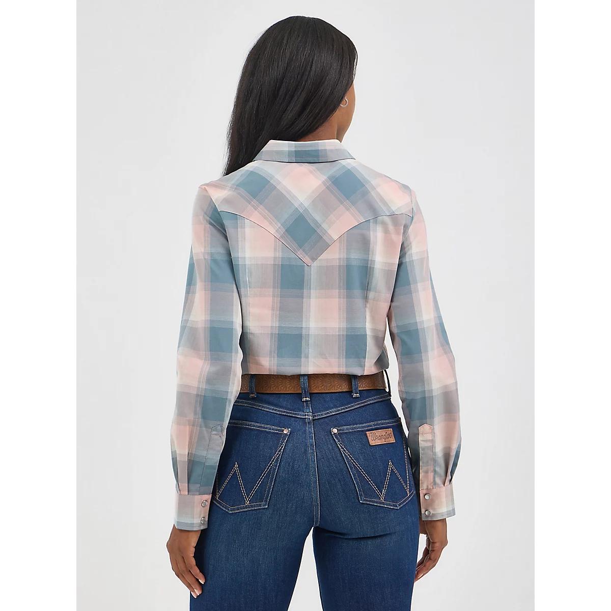 Women's Essential Long Sleeve Plaid Western Snap Top in Dusty Product Image