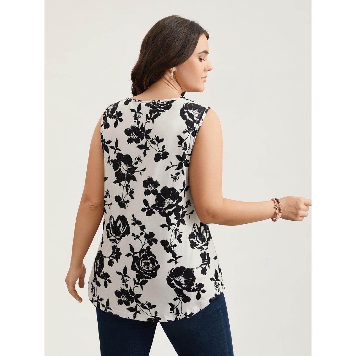 Plus Size Rosy Print Neck-Tie Fitted Vest Women WhiteSmoke Elegant Contrast U-neck Everyday Tank Tops Camis BloomChic 10/M Product Image