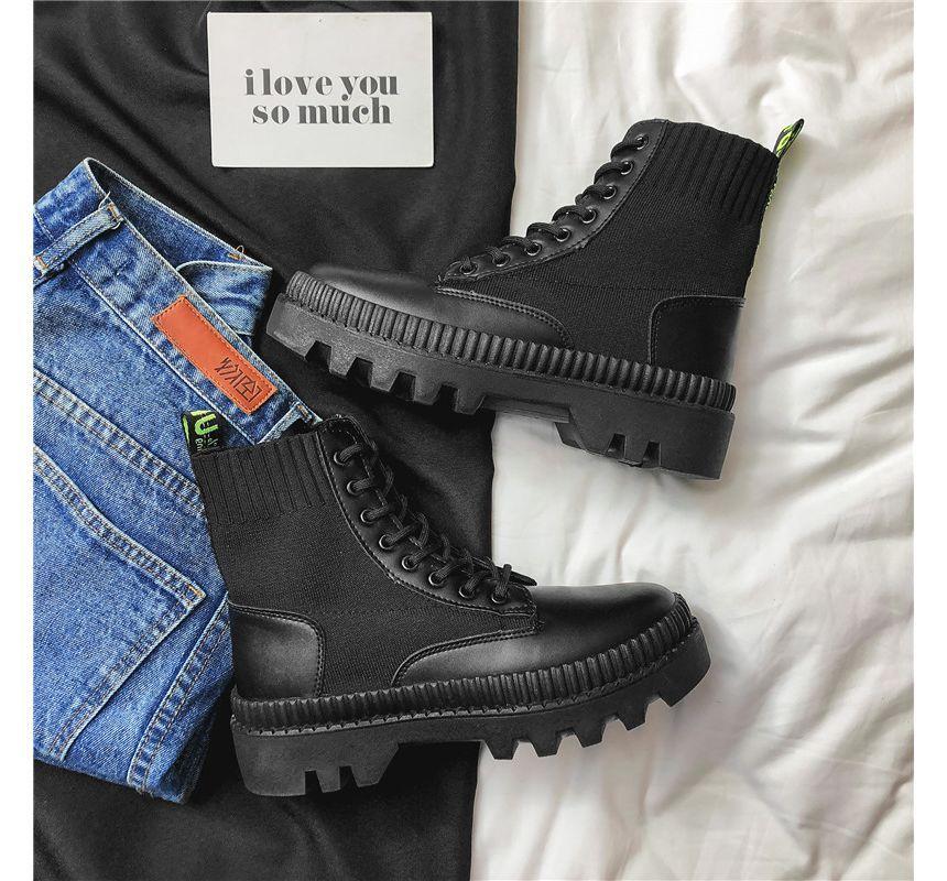 Plain Lace-Up Platform Short Boots Product Image