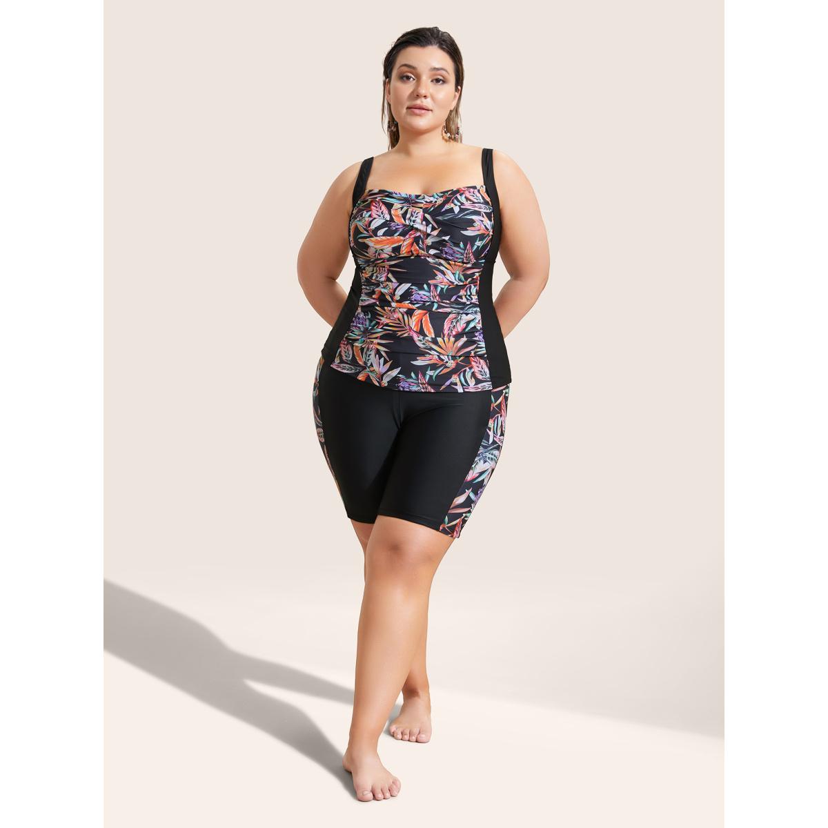 Plus Size Tropical Print Patchwork Crossover Gathered Swim Top Women's Swimwear Multicolor Beach Twist High stretch Skinny Square Neck Curve Swim Tops BloomChic 10/M Product Image