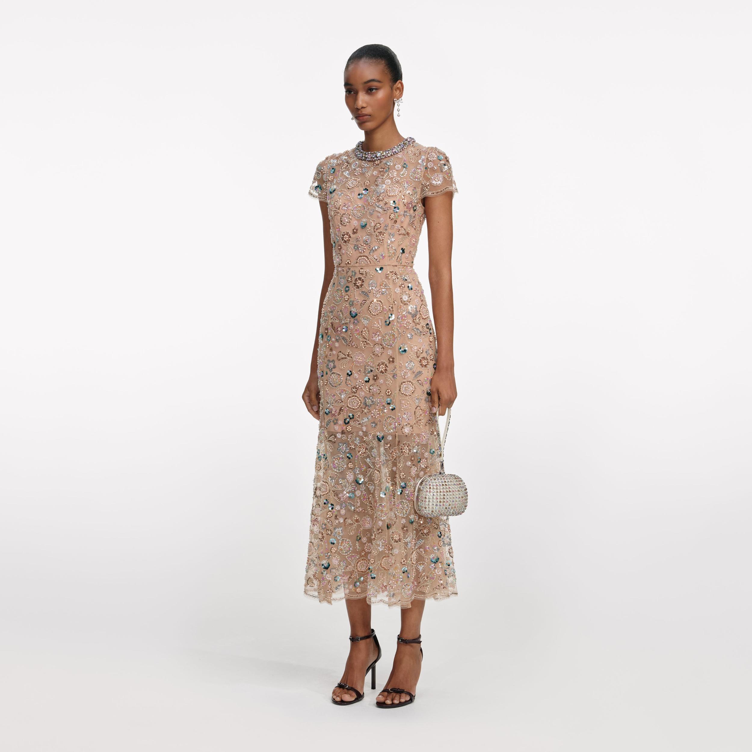 Champagne Sequin Embroidered Midi Dress Product Image