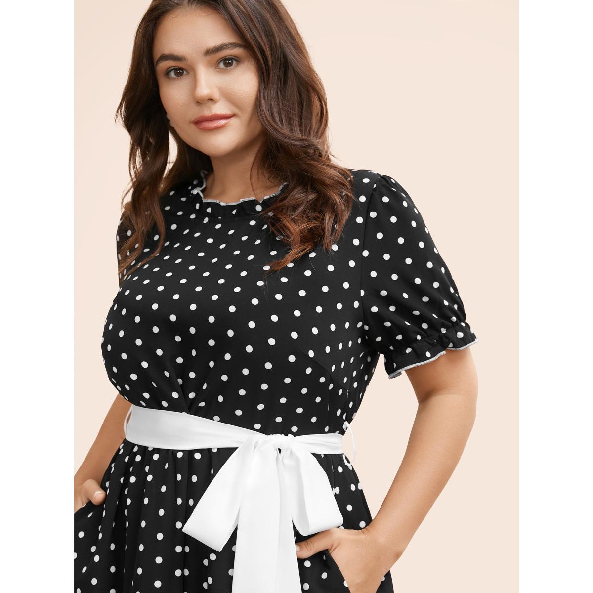 Plus Size Bow Polka Dot Midi Dress Black Women Elegant Belted Mock Neck Short sleeve Curvy BloomChic 12/L Product Image