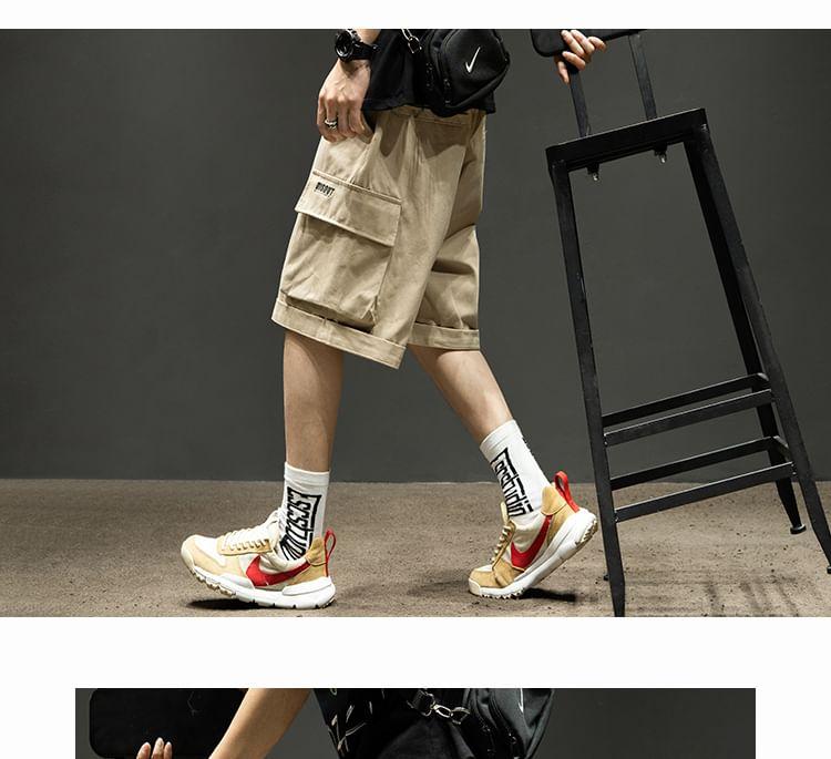 Mid Rise Letter Embroidered Cargo Shorts Product Image