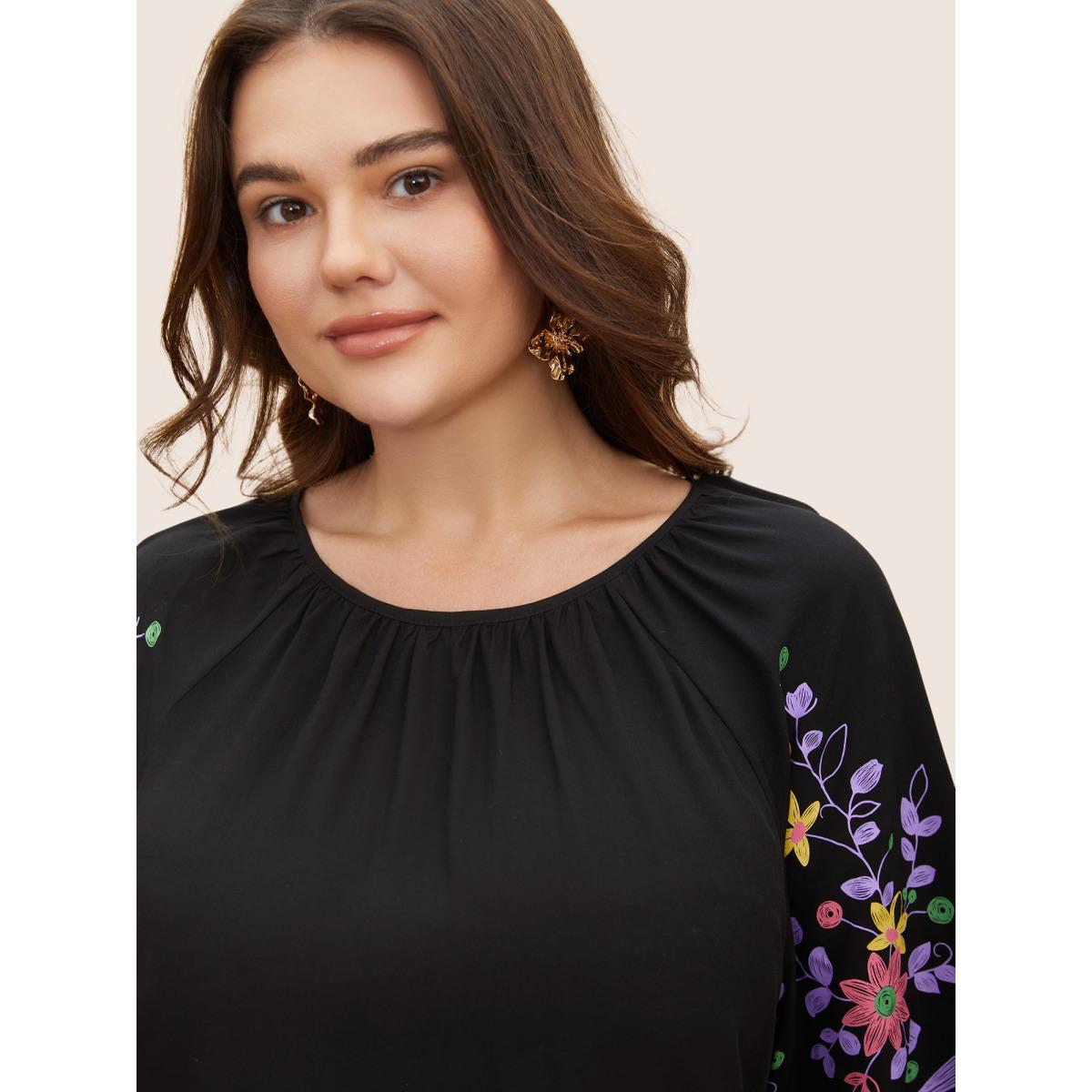 Plus Size Black Boho Print Gathered Ruffle Sleeve Blouse Women Elegant Half Sleeve Round Neck Everyday Blouses BloomChic 14-16/1X Product Image