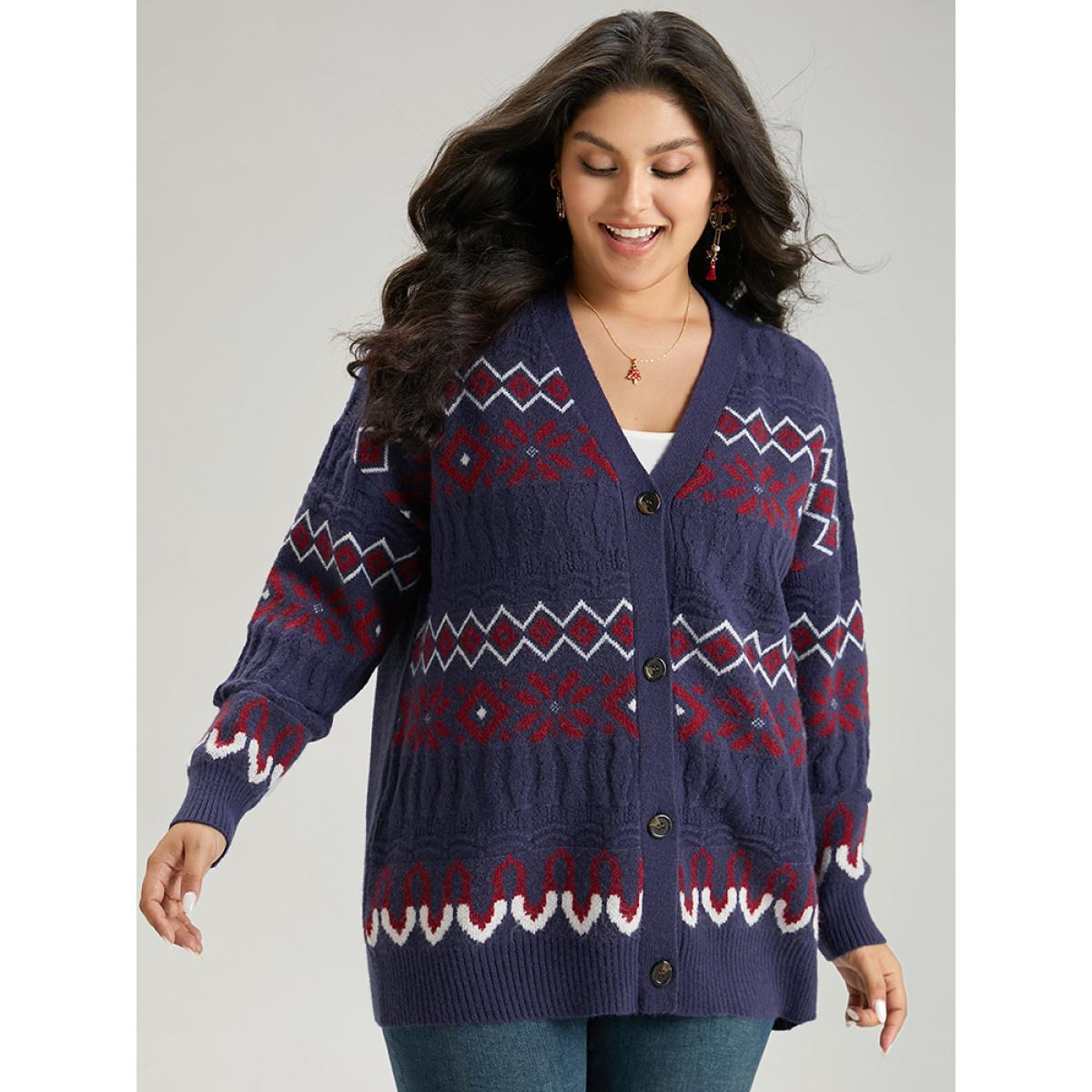 Plus Size Geometric Graphic Contrast Elastic Cuffs Button Up Cardigan Multicolor Women Casual Loose Long Sleeve Festival-Christmas Cardigans BloomChic 26/4X Product Image