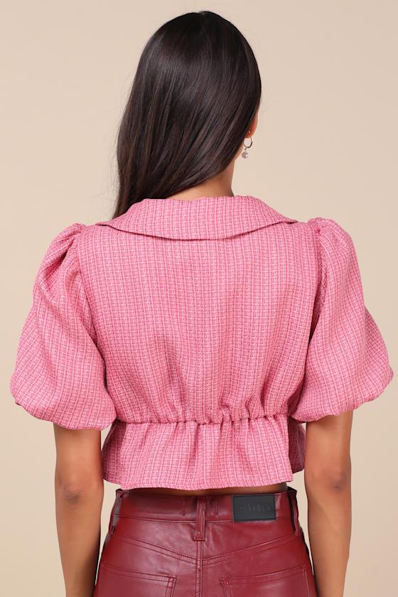 Instant Crush Pink Tweed Puff Sleeve Top Product Image