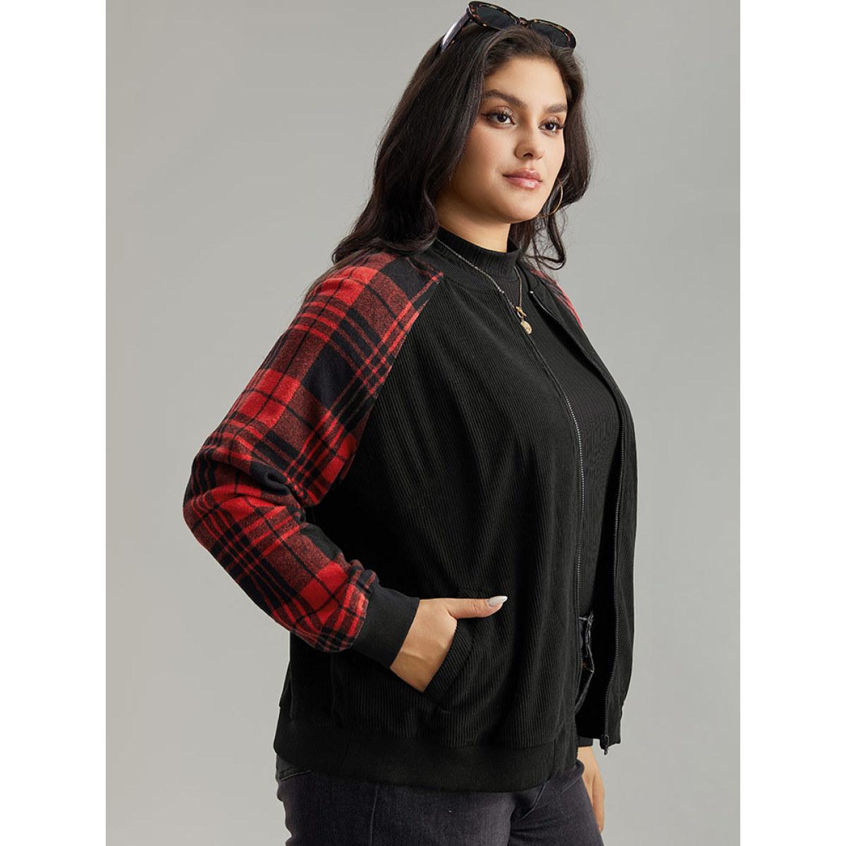 Plus Size Plaid Patchwork Zipper Pocket Bomber Jacket Women Black Elastic cuffs Pocket Dailywear Jackets BloomChic 30/6X Product Image