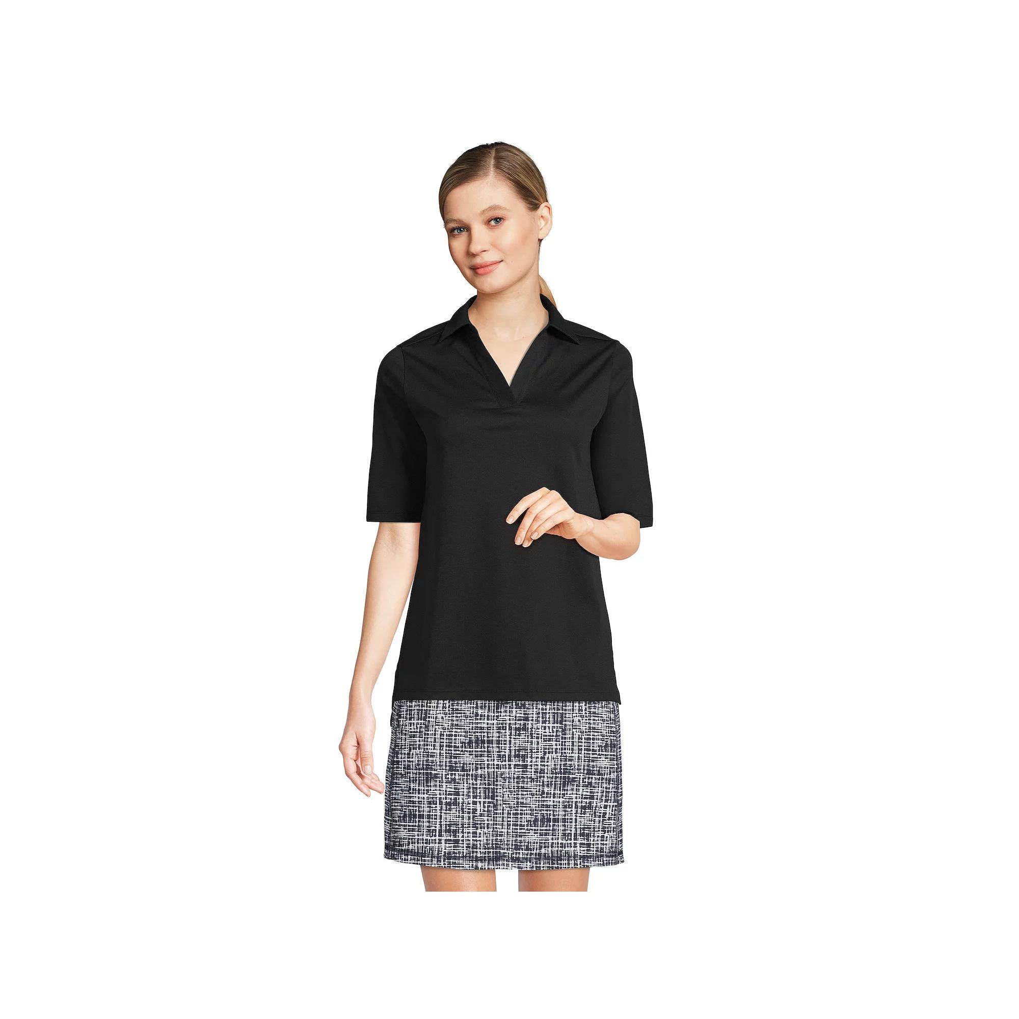 Women's Lands' End Performance Elbow Sleeve Pique Polo Top, Size: Medium, Black Product Image