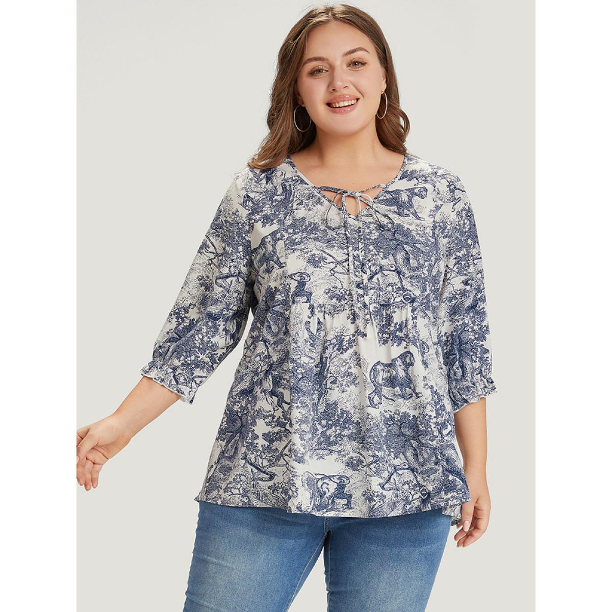 Plus Size Multicolor Print Knot Neck Lantern Sleeve Ruffle Hem Blouse Women Vacation Half Sleeve V-neck Dailywear Blouses BloomChic 18-20/2X Product Image