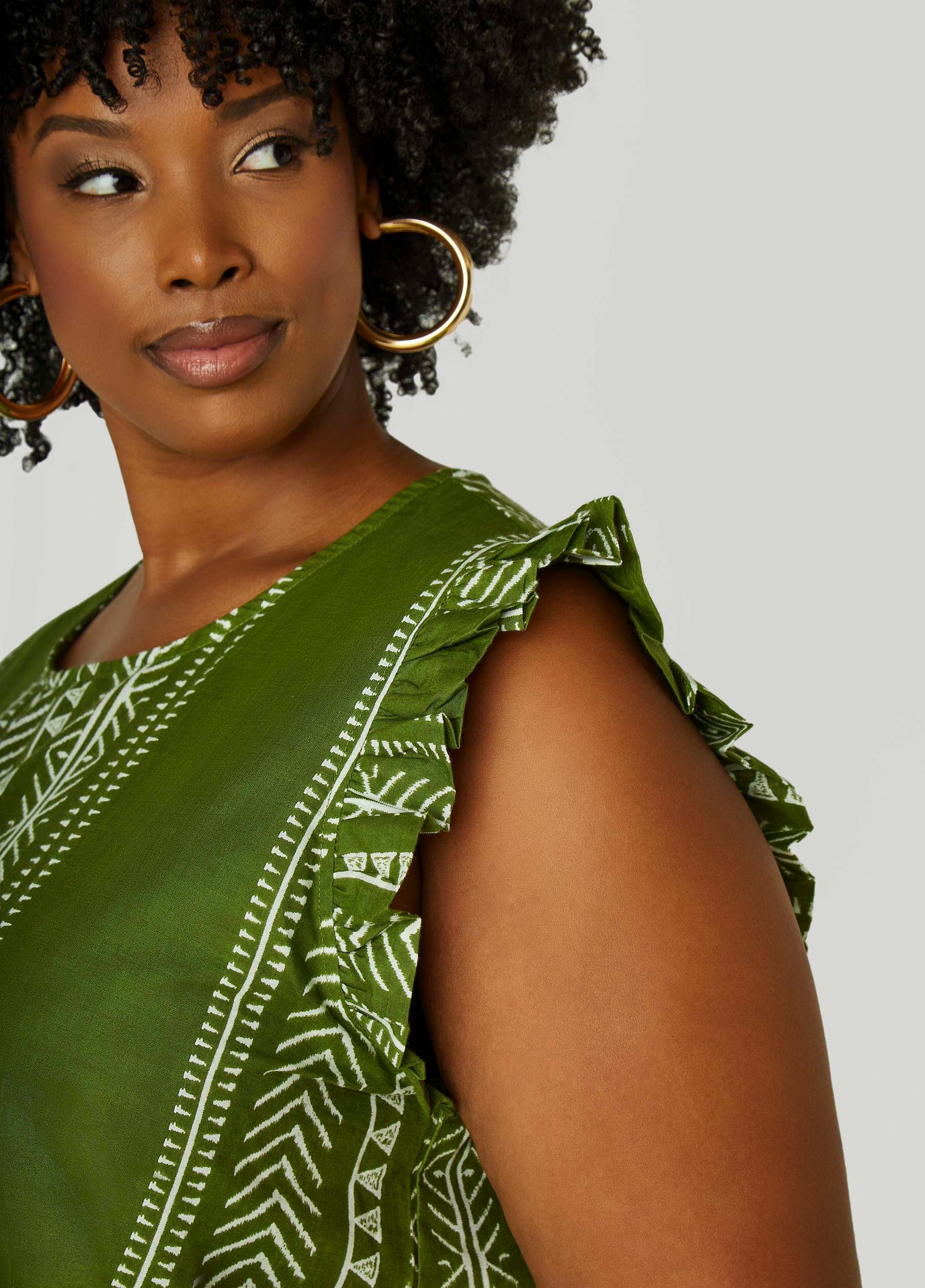 Plus Size Ruffle Trimmed Printed Cotton Top Ashley Stewart Product Image