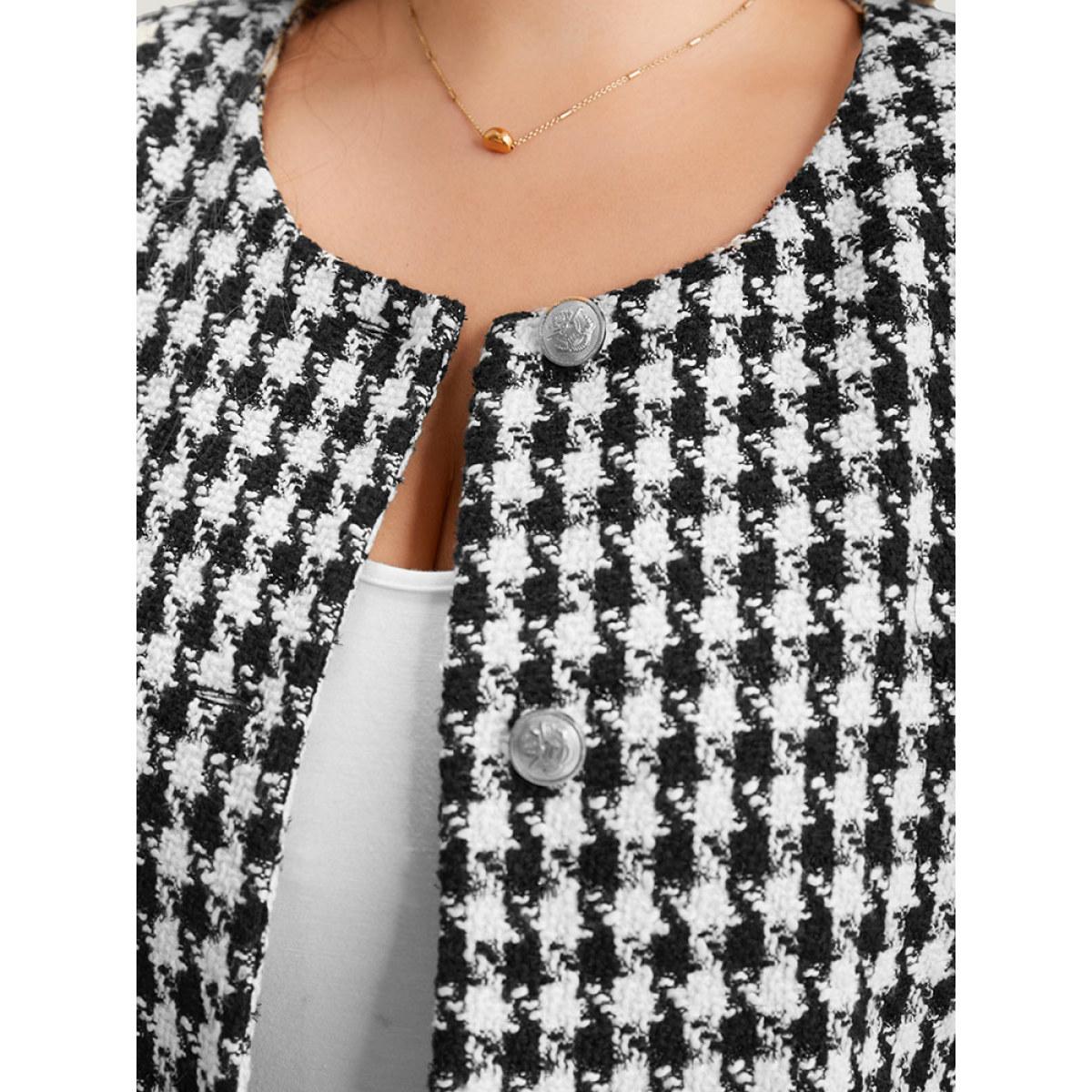 Plus Size Houndstooth Button Through Blazer Women Black Casual Texture Ladies Dailywear Winter Coats BloomChic 10/M Product Image