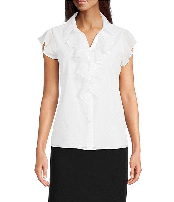 Calvin Klein Cotton Flutter Sleeve Collared Ruffle Button Front Blouse Product Image