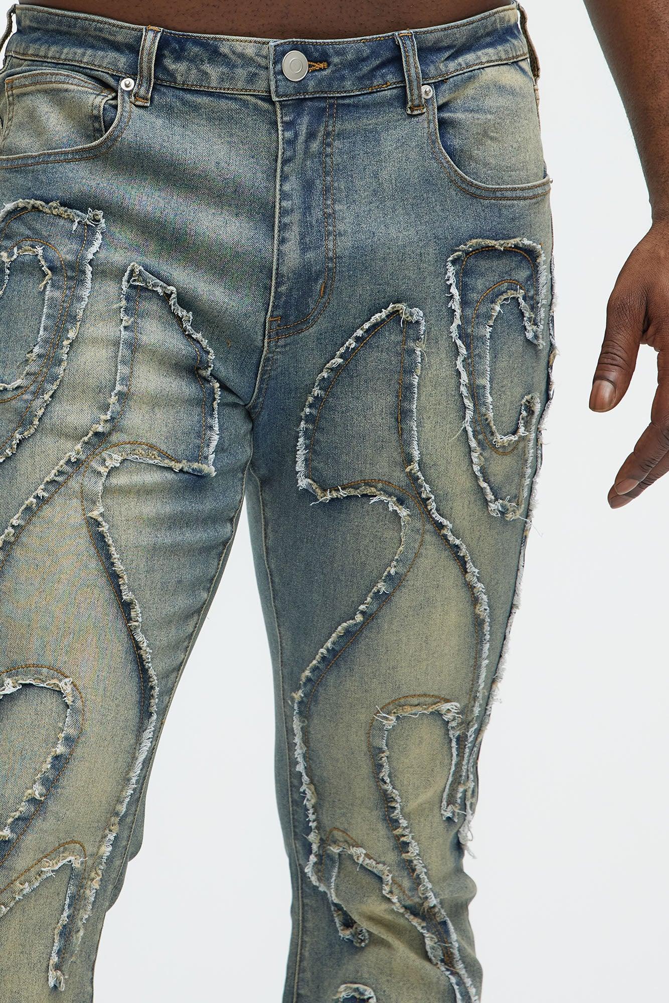 Flame Frayed Patch Stacked Skinny Flare Jeans - Vintage Blue Wash Product Image
