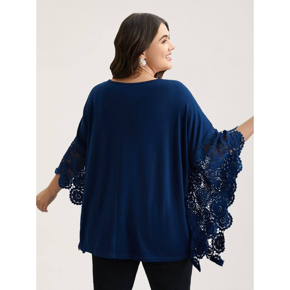 Plus Size V-Neck Crochet Lace Batwing Sleeve T-Shirt Indigo Women Elegant Patchwork V-neck Loose Everyday T-shirts BloomChic 10/M Product Image